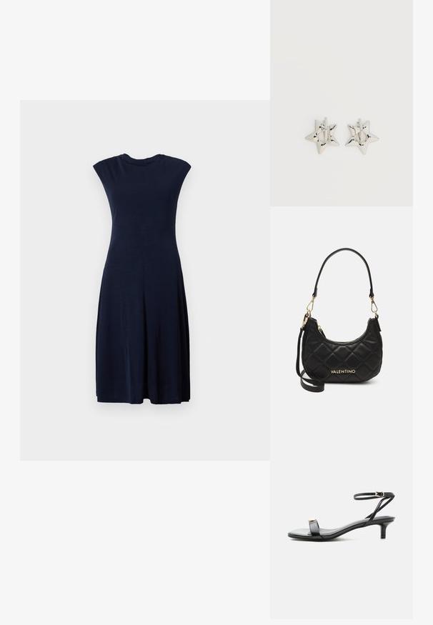 Vestido sin mangas de color azul marino, hecho de una tela suave, con un corsé ajustado y una falda acampanada, con un sutil detallo de costura debajo del pecho.; Sandalia de cuero negro con punta abierta, tacón bajo tipo ‘‘kitten’’, tirante fino en el tobillo con hebilla dorada y detalle decorativo dorado en la tira delantera.; Bolso de piel negra con un diseño acolchado, herrajes dorados y la palabra "Valentino" grabada en dorado. Cuenta con un asa corta y una correa removible.; Pendientes de aro plateados en forma de estrella con un acabado liso y pulido sobre un fondo blanco liso.