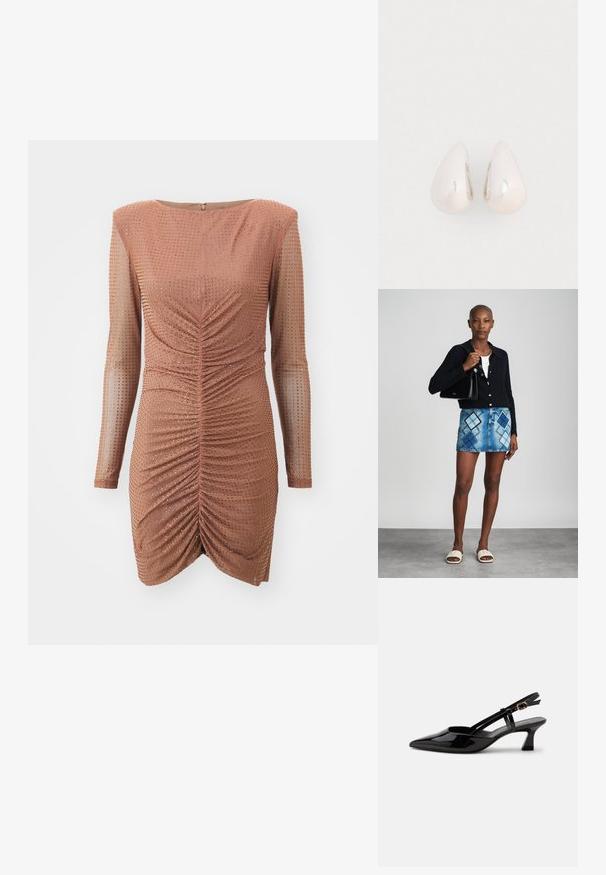 Geribbelde bronzen jurk met lange doorschijnende mouwen en een getailleerde silhouette. Bevat een geplisseerde voorkant, metallic accenten en een ritssluiting aan de achterkant.; Zwarte lakleren slingback kitten heel schoen met spitse neus en verstelbare gouden gespsluiting op een witte achtergrond.; Zwarte gebreide cardigan, witte top, denimrok met blauw en zwart ruitpatroon, zwarte handtas en beige instapsandalen.; Zilveren metalen druppeloorbellen met een gladde, reflecterende oppervlakte en een druppelvorm, voorzien van een naadloos ontwerp en zonder zichtbare versieringen.