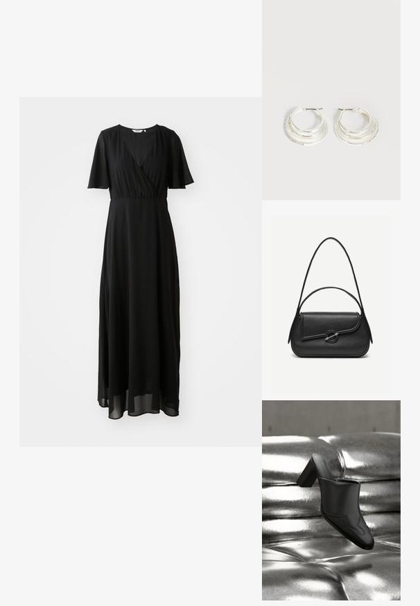 Vestido maxi negro de tejido ligero, con un diseño envolvente en el frente, escote en V, mangas cortas con vuelo y una falda fluida.; Mula de cuero negro con tacón ancho descansando sobre una superficie plateada brillante acolchada, destacando su diseño elegante y detalles curvados.; Bolso de cuero negro con bordes redondeados, solapa asimétrica, cierre circular de metal y correas de hombro cortas y largas.; Pendientes de aro de plata con tres bandas semicirculares superpuestas, una adornada con pequeños cristales transparentes sobre un fondo claro.