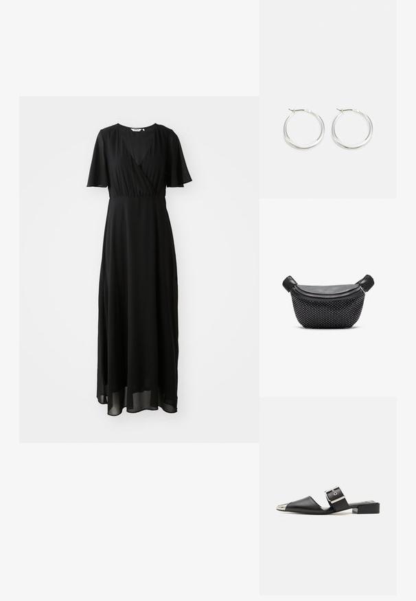 Robe maxi noire en tissu léger, avec un devant croisé, un décolleté en V, des manches courtes évasées et une jupe fluide.; Sandale en cuir noir avec un bout pointu, un capuchon argent métallique et une sangle à boucle réglable. Talon bloc plat pour un bon soutien.; Sac à main noir avec un dessus en cuir lisse et une base texturée couverte de clous argentés, avec une fermeture à glissière et des poignées doubles.; Les boucles d'oreilles en argent en forme de créole présentent un design lisse et arrondi avec un profil fin et un fermoir sécurisé. Style minimaliste avec une finition polie.
