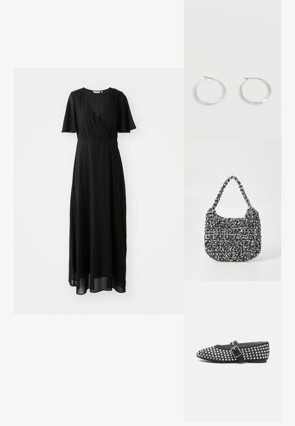 Vestido maxi negro de tejido ligero, con un diseño envolvente en el frente, escote en V, mangas cortas con vuelo y una falda fluida.; Zapato plano negro con punta redondeada, diseño tachonado con acentos metálicos y una correa con hebilla en el empeine.; Bolso de mano tejido en blanco y negro con forma redondeada, superficie texturizada y asa trenzada. Adecuado para uso casual.; Pendientes de aro de metal plateado con superficie lisa y ligeramente curvada y cierre de tipo mosquetón sobre un fondo blanco liso.