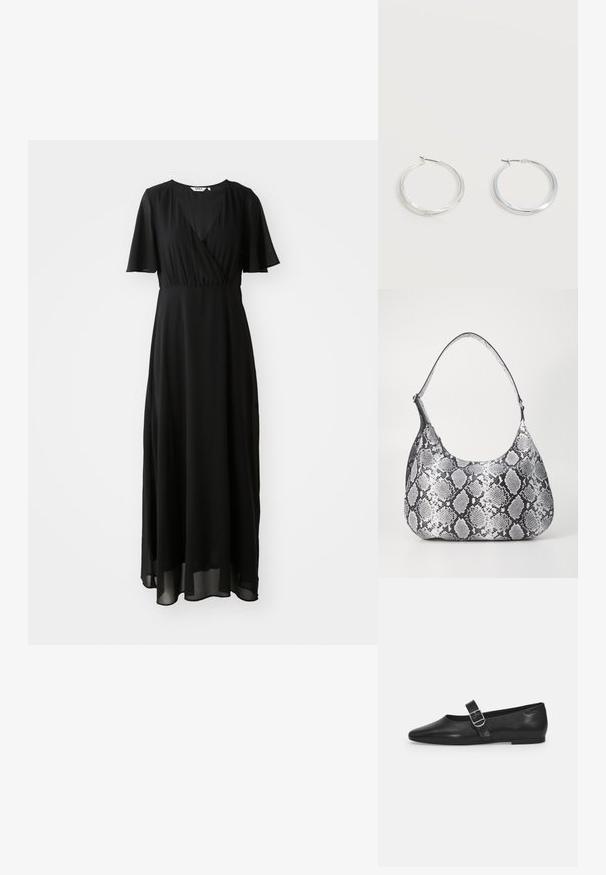 Schwarzes Maxikleid aus leichtem Stoff, mit einem Wickelausschnitt, V-Ausschnitt, kurzen Schmetterlingsärmeln und einem fließenden Rock.; Schwarzer Lederflatschuh mit runder Zehenform, einem verstellbaren Schnallenriemen und einer glatten, glänzenden Oberfläche. Minimalistisches Design mit einem niedrigen Absatz.; Schultertasche im schwarz-weißen Schlangenprint mit runder Form, glatter Textur und gebogenem Tragegurt. Mit einem silbernen Hardware-Akzent.; Silberne Metallcreolen mit glatter, leicht gebogener Oberfläche und Klappverschluss vor schlicht weißem Hintergrund.