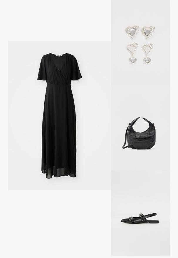 Vestido maxi negro de tejido ligero, con un diseño envolvente en el frente, escote en V, mangas cortas con vuelo y una falda fluida.; Even&Odd Bailarinas con tira trasera - black; Bolso de mano de cuero negro trenzado con asa corta y correa de hombro desmontable, exhibido sobre un fondo claro y liso.; Pendientes en forma de corazón plateados que presentan piedras claras facetadas, con un marco texturizado. El conjunto incluye estilos de perno y tipo gota.