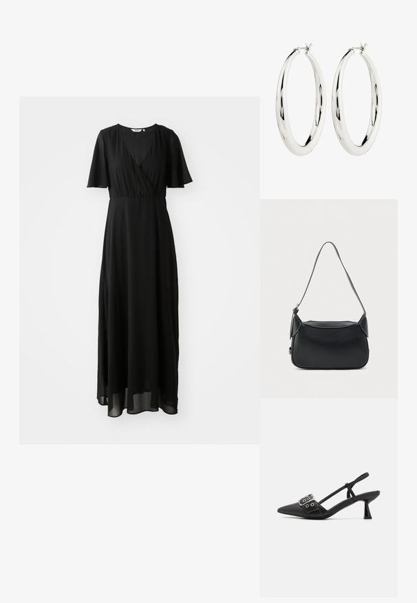 Zwarte maxi-jurk van lichtgewicht stof, met een wikkelvoorkant, V-hals, korte fladdermouwen en een vloeiende rok.; Simmi London DALA - Klassieke pumps - black; Zwarte leren schoudertas met een glad oppervlak, afgeronde vorm en een dunne band. Voorzien van een ritssluiting en minimale metalen accenten.; Zilveren creool oorbellen met een gladde, reflecterende oppervlak. Ronde, grote vorm met een veilige sluiting aan de bovenkant. Gepolijste afwerking toont de glans.