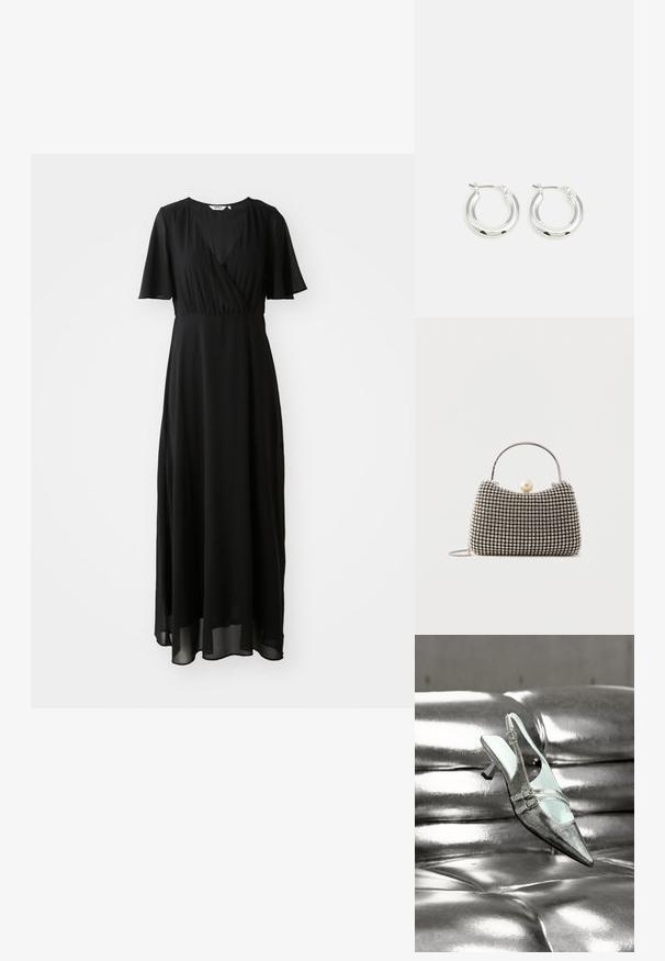 Schwarzes Maxikleid aus leichtem Stoff, mit einem Wickelausschnitt, V-Ausschnitt, kurzen Schmetterlingsärmeln und einem fließenden Rock.; Silberner Slingback-Pumps mit hohem Absatz und zwei Schnallen, liegend auf einer glänzenden, gesteppten silbernen Lederoberfläche.; Kleine Handtasche mit silbernem Gittermuster, gebogenem Griff, großem Perlenverschluss und einem dünnen silbernen Kettenriemen auf schlichtem Hintergrund.; Silberne Creolen mit glänzender Oberfläche, die eine kreisrunde Form haben und mit einem schwenkbaren Verschluss ausgestattet sind. Glatte Textur mit minimalen Details.