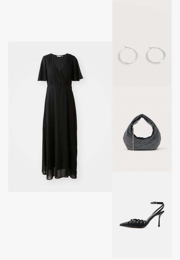 Schwarzes Maxikleid aus leichtem Stoff, mit einem Wickelausschnitt, V-Ausschnitt, kurzen Schmetterlingsärmeln und einem fließenden Rock.; Schwarzer, spitzer High-Heel-Schuh mit geschwungenen Kanten, Metallösen, Schnürung vorne und Knöchelriemen mit Schnallverschluss.; Schwarze Netz-Handtasche verziert mit silbernen Nieten, mit einem gebogenen Griff und einem Kettenriemen. Weiche Textur mit runder Form.; Silberne Metallcreolen mit glatter, leicht gebogener Oberfläche und Klappverschluss vor schlicht weißem Hintergrund.