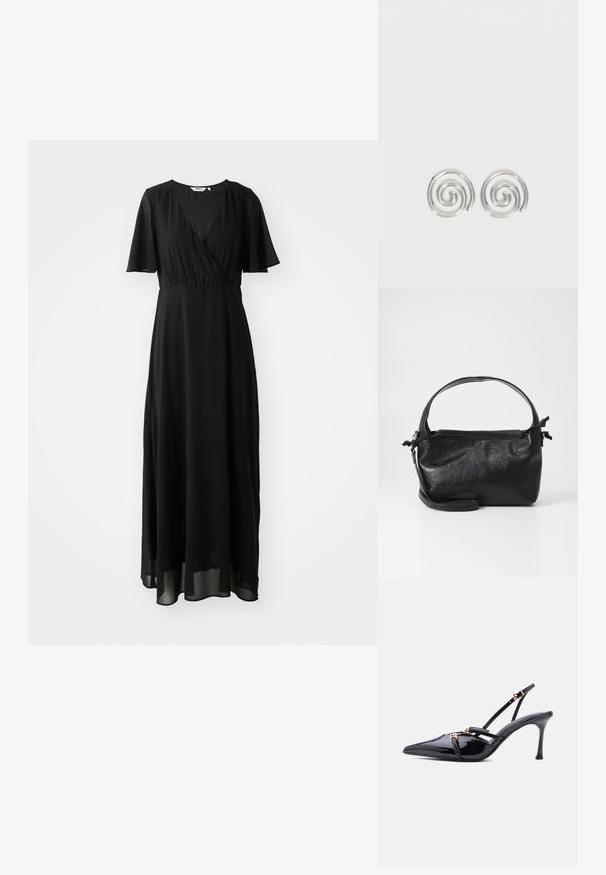 Robe maxi noire en tissu léger, avec un devant croisé, un décolleté en V, des manches courtes évasées et une jupe fluide.; Escarpin slingback à bout pointu en cuir verni noir avec fines brides et petites boucles dorées sur fond blanc.; Sac à main en cuir noir au design structuré, avec une poignée arrondie et une bandoulière amovible. Présente une texture lisse et un éclat subtil.; Paire de boucles d'oreilles en forme d'anneau spirale en argent avec un design lisse et arrondi sur fond blanc uni.