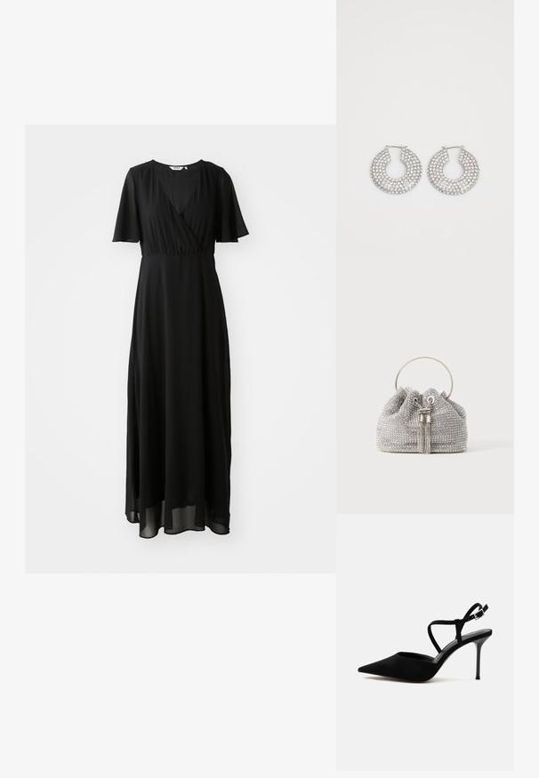Vestido maxi negro de tejido ligero, con un diseño envolvente en el frente, escote en V, mangas cortas con vuelo y una falda fluida.; Zapato de tacón alto negro de punta estrecha con tacón de aguja delgado y finas tiras en el tobillo con hebilla plateada sobre fondo blanco.; Pequeño bolso de noche plateado cubierto de brillantes pedrería con un asa metálica redonda y dos borlas decorativas en la parte delantera.; Aros de plata en forma de aro adornados con múltiples embellishments de cristal transparente, con una superficie texturizada y un diseño circular abierto.