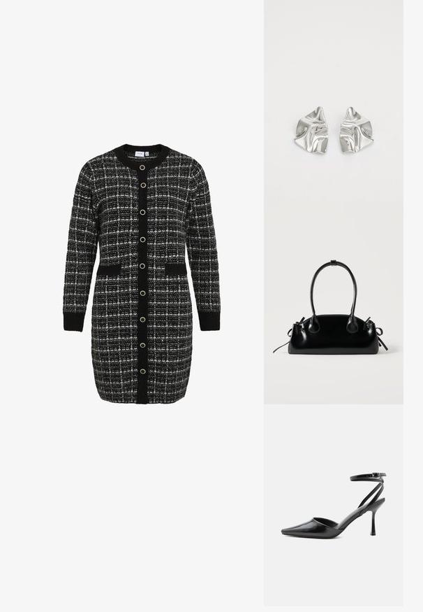 Schwarz-weißer karierter Cardigan mit rundem Kragen, langen Ärmeln, Vorderentaschen und kontrastierendem schwarzen Knopfverschluss. Strickstruktur.; Schwarzer spitzer High Heel mit dünnen Knöchelriemen und silberner Schnalle auf einfachem hellem Hintergrund.; Kleine schwarze glänzende Handtasche mit zwei langen Griffen und seitlichen Kordelzug-Details vor einfachem hellem Hintergrund.; Silberne Metallohrringe mit einem wellenförmigen, skulpturalen Design, das eine polierte Oberfläche und unregelmäßige Formen aufweist, die eine zeitgenössische Ästhetik betonen.