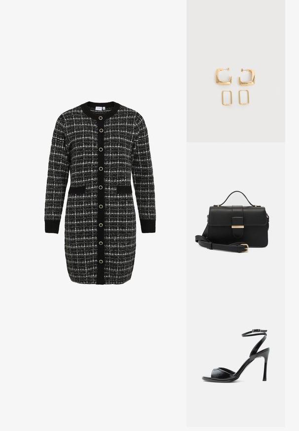 Schwarz-weißer karierter Cardigan mit rundem Kragen, langen Ärmeln, Vorderentaschen und kontrastierendem schwarzen Knopfverschluss. Strickstruktur.; Schwarze Sandalette mit hohem Absatz, offenem Zehenbereich, schlankem Stiletto-Absatz und Knöchelriemen mit Schnalle vor weißem Hintergrund.; Schwarze Lederhandtasche mit goldenen Metallakzenten, rechteckige Form, Klappenverschluss, verstellbarer Schultergurt, glatte Textur, minimalistisches Design.; Zwei Paare goldfarbener geometrischer Creolen auf einer schlichten weißen Oberfläche, ein Paar quadratisch und massiv, ein Paar rechteckig und hohl.