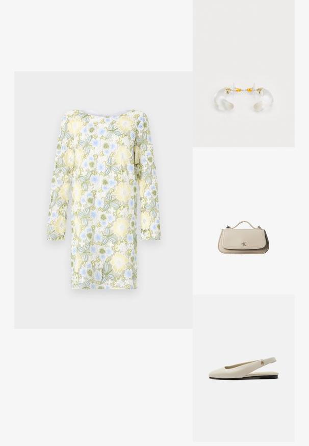 Bruuns Bazaar YVONNE BLUCILLE DRESS - Φόρεμα ημέρας - multi coloured; Κρεμ δερμάτινο φλατ παπούτσι slingback με στρογγυλεμένη μύτη και μικρό χρυσό έμβλημα στο λουράκι.; Μικρή μπεζ δερμάτινη τσάντα χειρός με επάνω λαβή και ασημένιο λογότυπο CK στη μπροστινή πτερύγιο, εμφανίζεται σε λευκό φόντο.; Διαυγή ακανόνιστα σκουλαρίκια από ακρυλικό με χρυσές λεπτομέρειες, που διαθέτουν καμπύλο σχέδιο και διαφανή κούμπωμα. Λείος υφής, μινιμαλιστικό στυλ.
