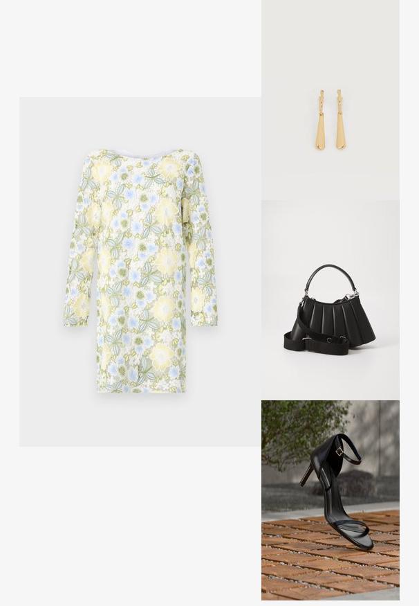 Bruuns Bazaar YVONNE BLUCILLE DRESS - Hverdagskjole - multi coloured; Sort højhælet sandal med ankelsnor, der ser ud til at svæve over et trægulv udendørs med sløret grønt og sten i baggrunden.; Sort plisseret handbag med et rundet håndtag, justerbar rem og blank overflade. Har sølvfarvet hardware og en struktureret silhuet.; Øreringe i guldfarvet metal med glatte, aflangt dråbeformede vedhæng, der hænger fra små creol-låse på en hvid baggrund.