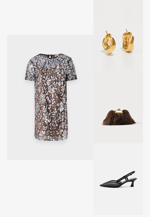 Robe courte à manches courtes en tulle transparent, ornée de broderies en sequins floraux argentés, avec un col rond et un ourlet droit.; Chaussure slingback noire à bout pointu avec tige en mesh, fines brides, boucle dorée et petit talon incurvé sur fond blanc.; Pochette en fausse fourrure marron avec fermoir et chaîne dorés. Texture douce, forme triangulaire, et aspect légèrement duveteux.; Boucles d'oreilles créoles en or massif avec un design tubulaire légèrement tordu et des fermoirs à tige sur un fond blanc.