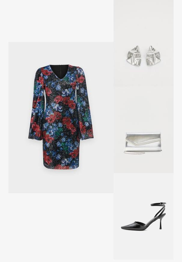 Vestido negro de flores con lentejuelas; cuenta con mangas largas abullonadas, escote en V y diseños vívidos en rojo, azul y verde. Cierre de cremallera en la parte posterior.; Zapato de tacón alto negro de punta fina con delgadas correas en el tobillo y cierre de hebilla plateada sobre un fondo liso claro.; Bolso clutch plateado brillante con solapa de estilo sobre y adorno decorativo, pequeña correa de cadena plateada, sobre fondo liso claro.; Pendientes de metal plateado con un diseño ondulado y escultórico, que presentan un acabado pulido y formas irregulares, destacando una estética contemporánea.