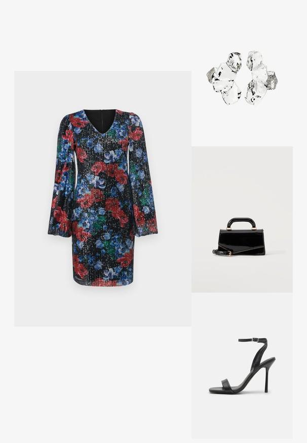 Vestido negro de flores con lentejuelas; cuenta con mangas largas abullonadas, escote en V y diseños vívidos en rojo, azul y verde. Cierre de cremallera en la parte posterior.; Sandalia negra de tacón alto con una correa delgada en el tobillo y dos bandas en la parte frontal. Hecha de cuero suave con una punta afilada y tacón de aguja.; Bolso rectangular negro brillante con asa superior, herrajes dorados y correa desmontable, colocado sobre un fondo claro y sencillo.; Conjunto de seis piezas de forma irregular, translúcidas y reflectantes, similares al vidrio, dispuestas sobre un fondo blanco.
