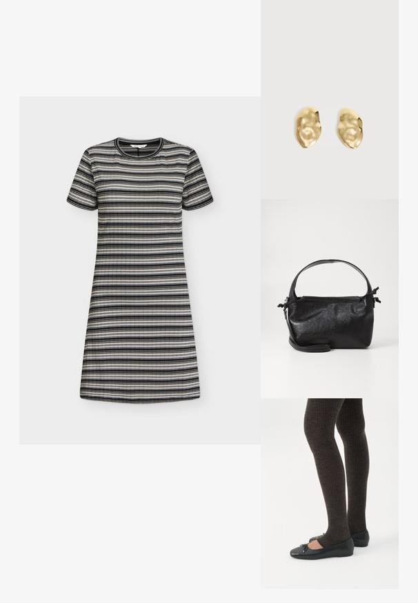 Robe courte à manches courtes et longueur genou avec des rayures horizontales noires, blanches et grises, dotée d'un col rond et d'une texture côtelée.; Jambes portant des leggings côtelés foncés associés à des ballerines noires avec de petits détails en nœud sur fond blanc.; Sac à main en cuir noir au design structuré, avec une poignée arrondie et une bandoulière amovible. Présente une texture lisse et un éclat subtil.; Paire de boucles d'oreilles en métal doré brillant, de forme irrégulière, avec une surface froissée et lisse sur un fond clair uni.