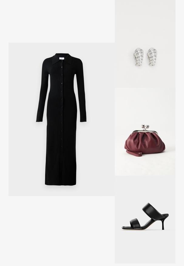 Schwarzes, geripptes Langarmkleid mit Kragen, das eine durchgehende Knopfleiste und eine figurbetonte Silhouette aufweist.; Schwarze Leder-Mule-Sandale mit zwei breiten Riemen und einem schlanken, mittelhohen Stilettoabsatz auf einem schlichten hellen Hintergrund.; Kleine burgunderrote Lederclutch mit silbernem Metallverschluss und Handgelenksriemen auf weißem Hintergrund.; Silberne Clip-On-Ohringe mit spiralförmigem Design, das eine glatte metallische Textur und abgerundete Formen aufweist. Keine sichtbaren Verzierungen oder Muster.