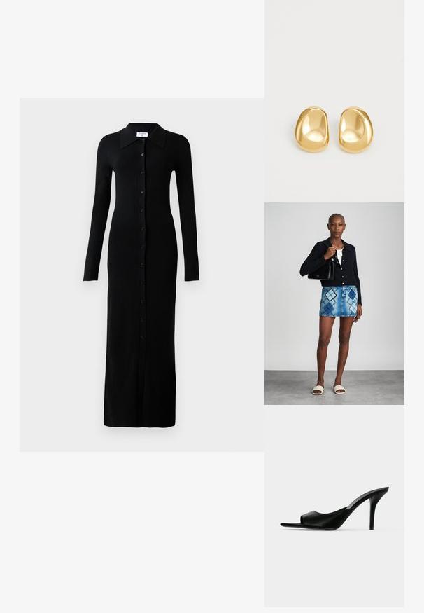 Schwarzes, geripptes Langarmkleid mit Kragen, das eine durchgehende Knopfleiste und eine figurbetonte Silhouette aufweist.; Schwarzer Leder-Pantolette mit offenem Zehenbereich und hohem, schlankem Stiletto-Absatz, im Seitenprofil vor neutralem Hintergrund gezeigt.; Schwarze Strickjacke, weißes Oberteil, Jeansrock mit blauem und schwarzem Diamantenmuster, schwarze Handtasche und beige Rutschsandalen.; Goldfarbene Ohrstecker mit einer glatten, runden Form und einer reflektierenden Oberfläche, die ein minimalistisches Design ohne sichtbare Muster zeigen.