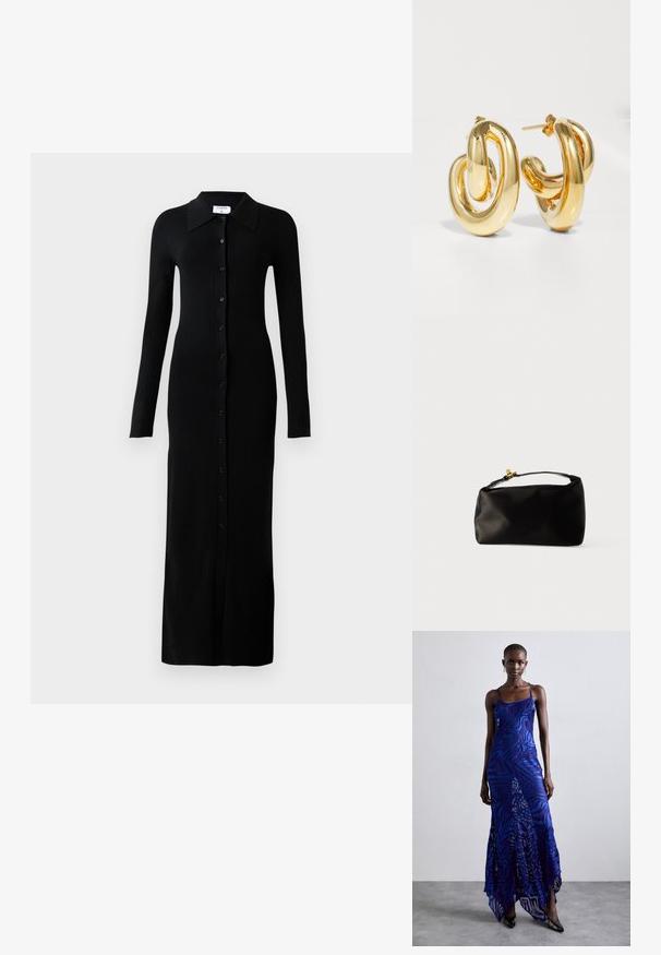 Čierne rebrované šaty s dlhým rukávom a golierom, majúce plné gombíkové zapínanie a priliehavý strih.; Maxi šaty s potlačou zvieracích vzorov v modrej a fialovej farbe, s tenkými ramienkami, priliehavým telom, rozšíreným lemom a priesvitnými detailmi.; Čierna saténová taška v tvare guľatého pohlavia, s hornou rúčkou a zlatým zapínaním. Hladký povrch s minimalistickým dizajnom.; Charlotte Chesnais BO INITIAL BLOW - Náušnice - gold-coloured