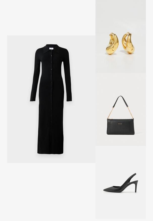 Schwarzes, geripptes Langarmkleid mit Kragen, das eine durchgehende Knopfleiste und eine figurbetonte Silhouette aufweist.; Schwarze Leder Slingback High Heels mit einem spitzen Zehendesign, das an der Vorderseite ein Ausschnitt hat und einen dünnen Stilettoblock. ; Schwarze Ledertasche mit einer Kieseloberfläche, goldener Kettenriemen und einer Fronttasche. Auf der Vorderseite befindet sich ein goldenes Logo.; Goldene Creolen mit einer glatten, geschwungenen Form und polierter Oberfläche. Mit einem Verschlussmechanismus und leichten Einkerbungen für Details.