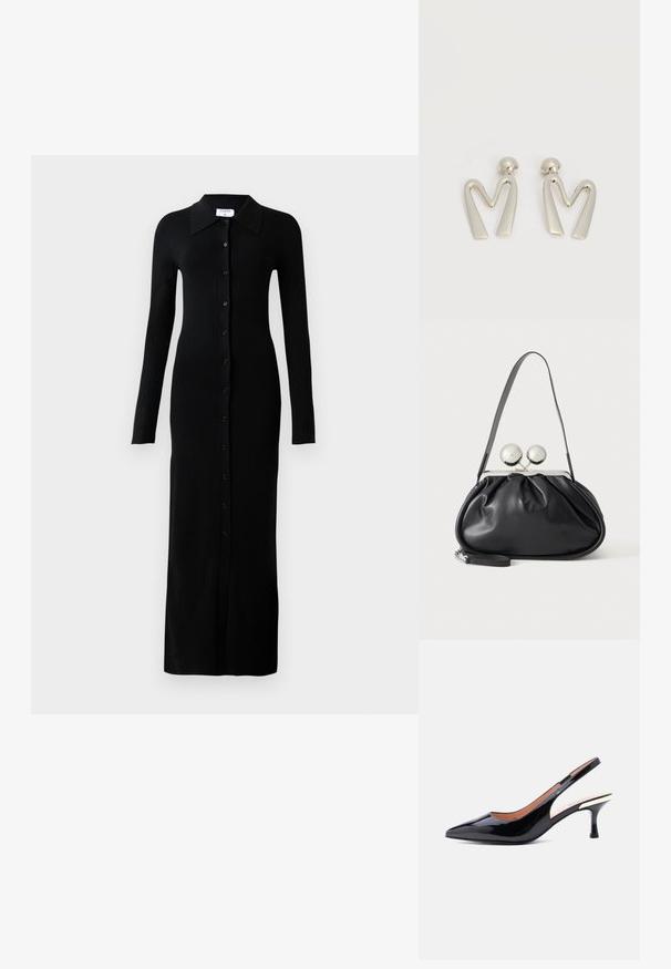 Schwarzes, geripptes Langarmkleid mit Kragen, das eine durchgehende Knopfleiste und eine figurbetonte Silhouette aufweist.; Schwarzer Slingback-Pumps aus Lackleder mit spitzer Kappe und mittelhohem Absatz, der in der Nähe der Ferse ein metallisches Detail aufweist.; Schwarze Ledertasche mit gerafftem Design, einem einzelnen Riemen, silbernem Metallrahmen und zwei großen runden silbernen Verschlüssen.; Paar silberfarbene Metallohrringe in Form des kantigen Buchstabens M mit abgerundeten Stegen auf weißem Hintergrund.