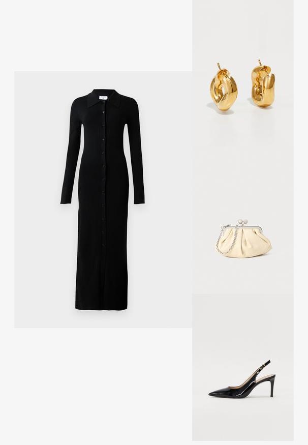 Schwarzes, geripptes Langarmkleid mit Kragen, das eine durchgehende Knopfleiste und eine figurbetonte Silhouette aufweist.; Schwarz lackierte Slingback-Pumps mit spitzem Zehenbereich, schlankem Absatz und einem subtilen Ausschnittdesign. Verfügt über eine goldene Schnalle am Riemen.; Faltige beigefarbene Ledertasche mit einem silbernen Metallrahmen, ausgestattet mit zwei runden dekorativen Verschlüssen und einem silbernen Kettenriemen.; Fette goldene Creolen mit einem leicht verdrehten, röhrenförmigen Design und Steckverschlüssen auf einem weißen Hintergrund.
