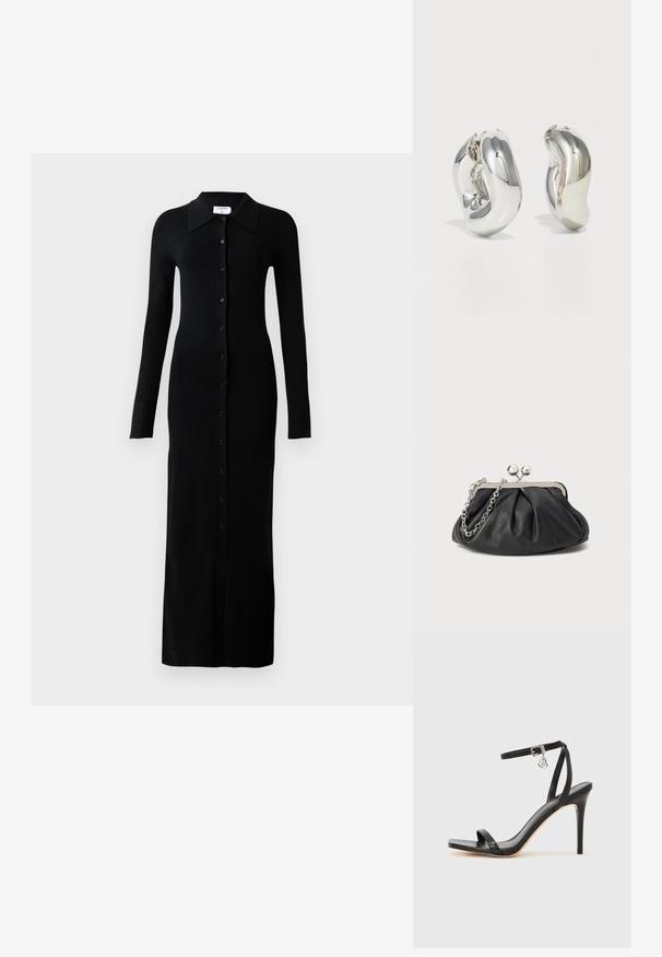 Schwarzes, geripptes Langarmkleid mit Kragen, das eine durchgehende Knopfleiste und eine figurbetonte Silhouette aufweist.; Schwarze High-Heel-Sandale mit schmalem Knöchelriemen, quadratischer Zehenbox, glattem Leder und metallischem Schnallenakzent.; Schwarze Leder-Clutch mit geraffter Textur, silberfarbener Metallrahmen, Druckverschluss und Kettenriemen. Glatte, weiche Oberfläche.; Silberne skulpturale Ohrringe mit glatten, geschwungenen Formen und reflektierenden Oberflächen. Sie verfügen über ein geschlossenes Ringdesign und eine ausgeprägte organische Form.