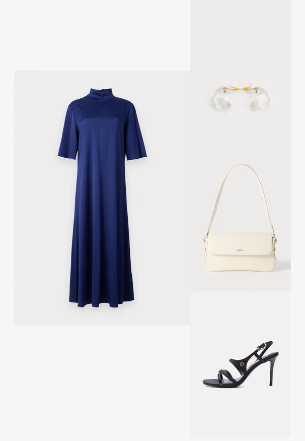 Marineblå midi-kjole med høj mock neck, korte ærmer og en svævende A-formet silhuet, lavet af et glat, strækbart stof.; Sort højhælet sandal med tynde stropper, en anklespænde og en slank stiletthæl på hvid baggrund.; Cremefarvet læder skuldertaske med flaplukning, sølvfarvet beslag, en enkelt justerbar rem og diskrete logodetaljer.; Klare akryl hoops øreringe med guld accenter, der har et buet design og en transparent lås. Glat tekstur, minimalistisk stil.
