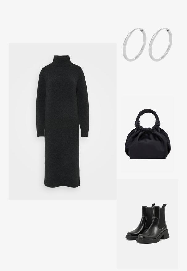 Zwarte coltrui jurk van gestructureerd breiwerk. Lange mouwen en een rechte silhoutte met ribgebreide manchetten bij de polsen.; Zwarte leren Chelsea-boots met een chunky hak, elastische zijpanelen en contrasterende witte stiksels. Gestructureerde afwerking.; Zwarte zachte stoffen handtas met geplooide bovenkant en ronde gewatteerde handvatten, vastgeknoopt aan elke kant.; Zilveren hoepeloorbellen, cirkelvormig, met een gladde glanzende textuur en een constante breedte. Minimalistisch ontwerp zonder extra accenten.