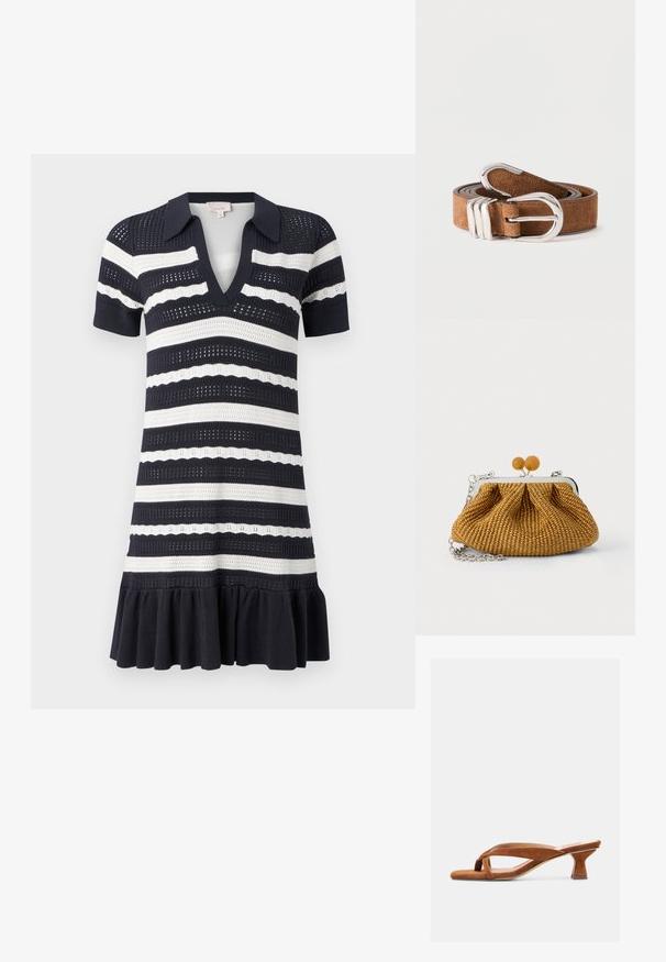 Cinq à Sept CLEMENTINE DRESS - Hverdagskjole - navy/ivory; Brun ruskinds sandal med åben tå, lav kittenhæl og krydsede stropper, vist på en ensartet lys baggrund.; Lille brun flettet clutch-pung med sølvmetalramme, to runde trælåse og en kort sølvkæderem på en hvid baggrund.; Brun ruskindsbælte rullet med en blank sølv metalspænde og tre metalbælter på en hvid baggrund.
