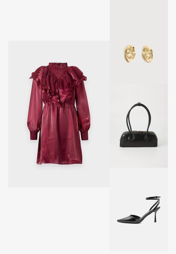 Vestido de satén burdeos con escote y mangas con volantes, que presenta mangas largas abullonadas y una cintura ajustada. Textura lisa y brillante.; Zapato de tacón alto negro de punta fina con delgadas correas en el tobillo y cierre de hebilla plateada sobre un fondo liso claro.; Bolso de mano de cuero negro con dos asas alargadas, cierre de cremallera y forma redondeada; textura suave con un acabado ligeramente brillante.; Par de pendientes de metal dorado brillante, con forma irregular y superficie arrugada y lisa sobre un fondo claro y sencillo.