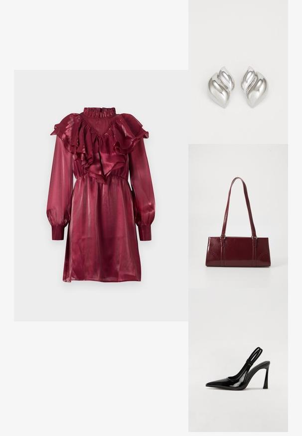 Vestido de satén burdeos con escote y mangas con volantes, que presenta mangas largas abullonadas y una cintura ajustada. Textura lisa y brillante.; Zapato de tacón con tirante en negro de charol, punta afilada, tacón alto y delgado, y doble tira elástica para un ajuste seguro. Superficie suave y brillante.; Bolso burdeos hecho de material brillante, de forma rectangular, con dos asas para el hombro y sutiles acentos curvados en la parte frontal.; Pendientes de plata con una forma orgánica y abstracta. Superficie lisa y brillante con un diseño cónico. Presentan suaves curvas y un detalle de línea central.