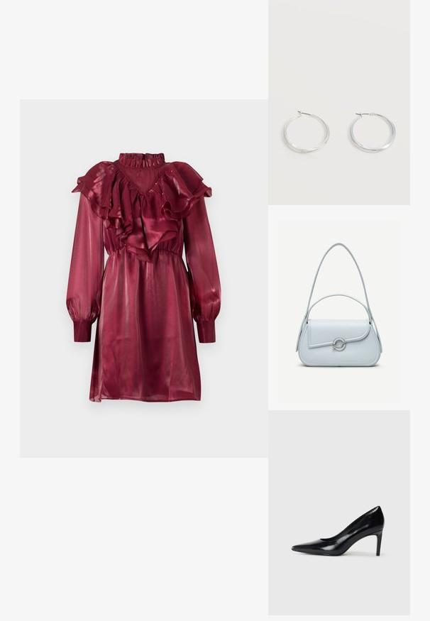 Vestido de satén burdeos con escote y mangas con volantes, que presenta mangas largas abullonadas y una cintura ajustada. Textura lisa y brillante.; Zapato de tacón alto de cuero negro con punta afilada, textura suave y tacón en forma de cono. Diseño minimalista, sin adornos adicionales.; Bolso de cuero azul claro con solapa redondeada, cierre circular plateado y dos correas para el hombro sobre un fondo liso.; Pendientes de aro de metal plateado con superficie lisa y ligeramente curvada y cierre de tipo mosquetón sobre un fondo blanco liso.