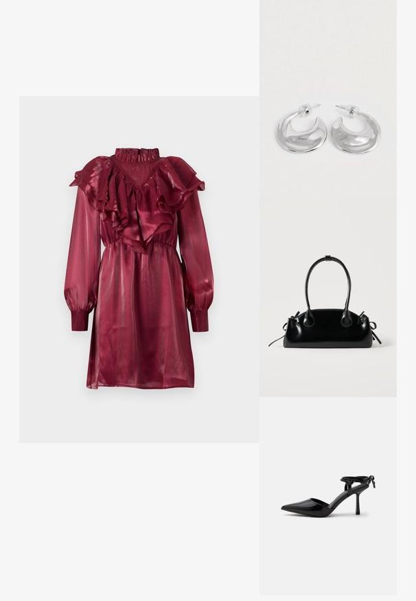 Vestido de satén burdeos con escote y mangas con volantes, que presenta mangas largas abullonadas y una cintura ajustada. Textura lisa y brillante.; Zapato de tacón alto de cuero charol negro con punta puntiaguda y correa en el tobillo atada en un nudo en la parte trasera, mostrado sobre un fondo blanco liso.; Pequeño bolso negro brillante con dos asas largas y detalles de cordón lateral sobre un fondo claro liso.; Un par de pendientes de aro en forma de media luna pulidos en plata, con respaldos de plástico transparente, sobre una superficie blanca.