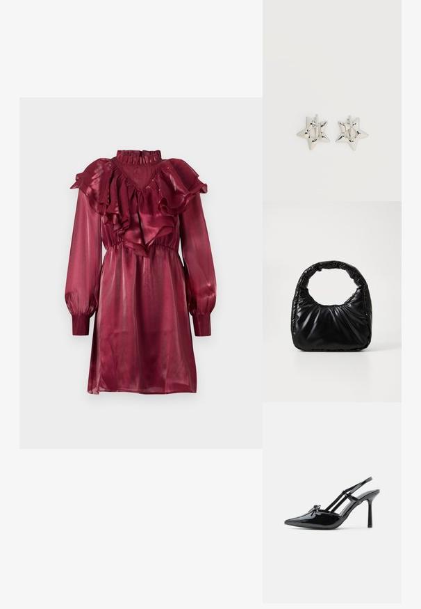Bordeaux satijnen jurk met een ruches halslijn en mouwen, voorzien van lange pofmouwen en een aangesloten taille. Gladde, glanzende textuur.; Zwarte lakleren hoge hakken met slingback, puntige neus, dunne hak en dubbele banddetails over de wreef.; Zwarte gevoerde handtas met een ronde handgreep, met een gladde, glanzende oppervlakte en een zachte, gewatteerde textuur. Geen zichtbare metalen onderdelen of accenten.; Zilverkleurige stervormige oorringen met een gladde, gepolijste afwerking op een effen witte achtergrond.