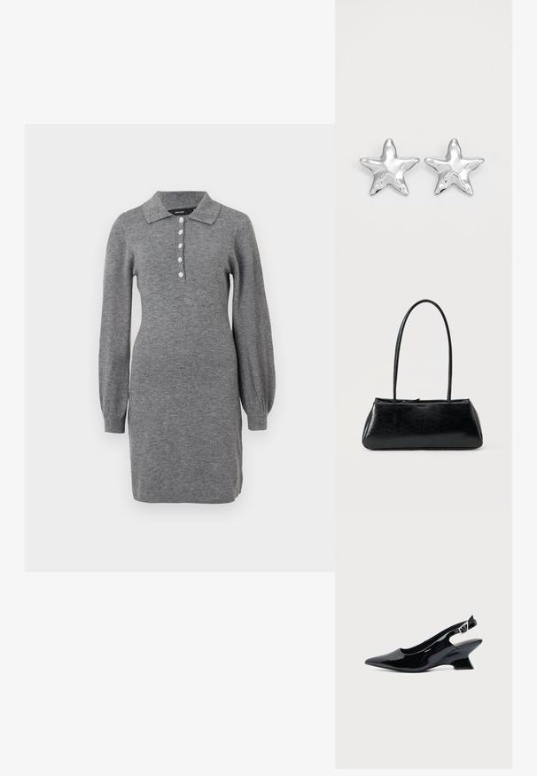 Robe en tricot grise avec un col, des manches bouffantes longues et une fermeture à boutons à l'avant comportant cinq boutons. Texture douce avec une silhouette ajustée.; Chaussure slingback en cuir verni noir avec bout pointu et petit talon bloc incliné sur fond clair uni.; Sac à épaule rectangulaire noir avec de longues bretelles fines et une texture lisse et brillante sur un fond uni.; Boucles d'oreilles argentées en forme d'étoile, avec une surface lisse et brillante. Chaque boucle d'oreille possède cinq pointes et des détails subtils de texture de surface.