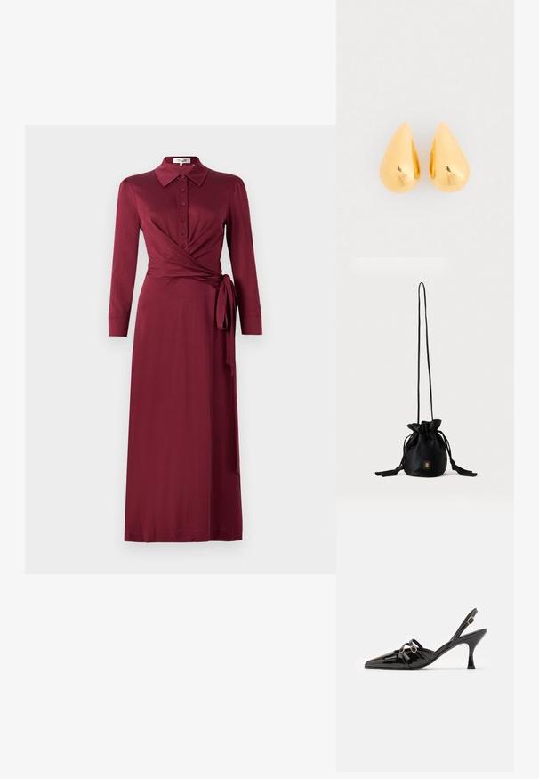 Bordeaux wikkeljurk met een kraag, lange mouwen, knoopsluiting aan de voorkant en strikdetail in de taille. Gladde stof met een flatterende silhouet.; ALOHAS JOELLE ONIX - Klassieke pumps - black; Zwarte bucketbag met trekkoord, lange dunne band en klein goudkleurig vierkant logo aan de voorkant, weergegeven tegen een eenvoudige achtergrond.; Gouden druppelvormige oorbellen met een gladde, gepolijste oppervlakte en ronde onderkanten, die het licht weerkaatsen met een glanzende afwerking.
