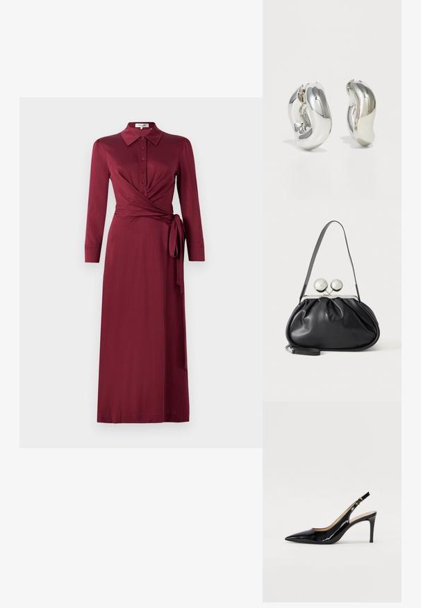 Χ burgundy φόρεμα τύπου wrap με γιακά, μακριά μανίκια, κουμπιά μπροστά και ζωνάκι στη μέση. Λειος ύφασμα με κολακευτική σιλουέτα.; Μαύρη πατέν κλίνγκμπακ άντρες με μυτερή μύτη, λεπτό τακούνι και διακριτικό σχέδιο κοψίματος. Διαθέτει χρυσό κούμπωμα στη λωρίδα.; Μαύρη δερμάτινη τσάντα με στρογγυλό σχέδιο, μονό λουρί, ασημένιο μεταλλικό πλαίσιο και δύο μεγάλους στρογγυλούς ασημένιους κλειδώματα.; Ασημένια γλυπτικά σκουλαρίκια με λείες, καμπύλες μορφές και ανακλαστικές επιφάνειες. Διακρίνονται για το κλειστό σχέδιο του κρίκου και την ιδιαίτερη οργανική τους μορφή.