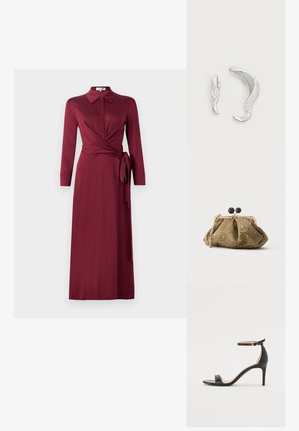 Vestido envolvente burdeos con cuello, mangas largas, cierre frontal de botones y detalle de lazo en la cintura. Tejido suave con una silueta favorecedora.; Sándalo de tacón alto de piel negra con tiras en el tobillo. Presenta una textura suave, puntera abierta y un tacón delgado. Detalles de hebilla en tono dorado.; Pequeño bolso de mano con patrón geométrico en dorado y negro, marco metálico dorado, cierre de bola negro y una corta correa de cadena dorada.; Dos pendientes de plata curvados, uno más grande que el otro, ambos adornados con pequeños cristales brillantes a lo largo de un borde.
