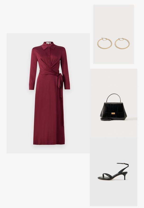 Vestido envolvente burdeos con cuello, mangas largas, cierre frontal de botones y detalle de lazo en la cintura. Tejido suave con una silueta favorecedora.; Sandalia negra de cuero para mujer con tiras finas, un lazo para el dedo del pie, hebilla en el tobillo y tacón de aguja de altura media sobre un fondo neutro.; Bolso de cuero negro con asa superior, cierre dorado y correa de hombro desmontable sobre un fondo claro y liso.; Par de pendientes de aro dorados de tamaño mediano con un diseño texturizado y con cuentas sobre un fondo claro y liso.