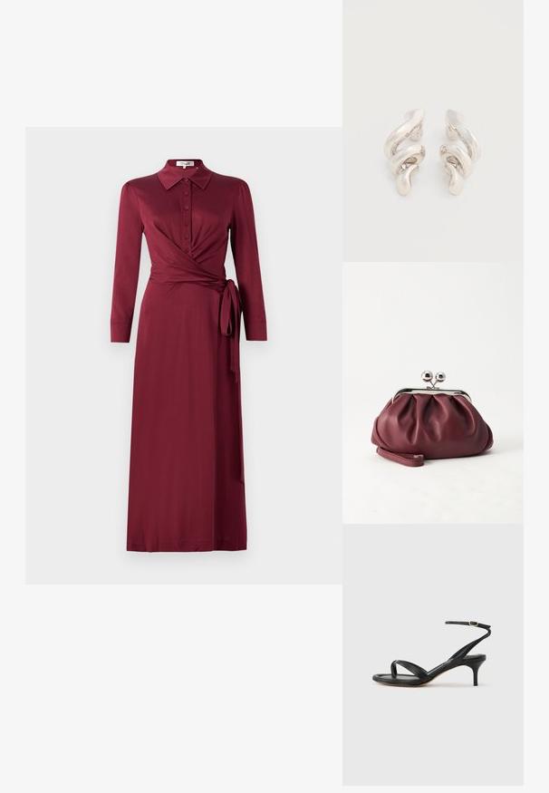 Χ burgundy φόρεμα τύπου wrap με γιακά, μακριά μανίκια, κουμπιά μπροστά και ζωνάκι στη μέση. Λειος ύφασμα με κολακευτική σιλουέτα.; Γυναικεία μαύρη δερμάτινη σάνδαλα με λεπτές τιράντες, λουράκι για τα δάχτυλα, αγκράφα στον αστράγαλο και μεσαίου ύψους τακούνι στιλέτο σε ουδέτερο φόντο.; Μικρό μπορντό δερμάτινο τσαντάκι φάκελος με ασημένιο μεταλλικό κλείστρο και λουράκι καρπού σε λευκό φόντο.; Σκουλαρίκια με κλιπ από στριμμένο ασημένιο μέταλλο με λείο, γυαλιστερό φινίρισμα, που χαρακτηρίζονται από μοντέρνο, αφηρημένο σπειροειδές σχέδιο.