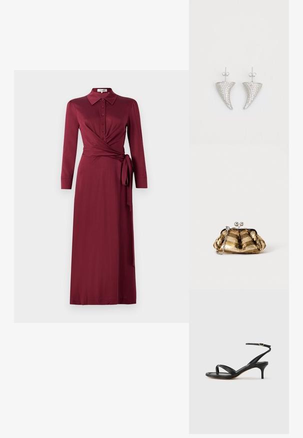 Vestido envolvente burdeos con cuello, mangas largas, cierre frontal de botones y detalle de lazo en la cintura. Tejido suave con una silueta favorecedora.; Sandalia negra de cuero para mujer con tiras finas, un lazo para el dedo del pie, hebilla en el tobillo y tacón de aguja de altura media sobre un fondo neutro.; Pequeño bolso de mano dorado con lentejuelas, cierre plateado y asa corta de cadena plateada sobre un fondo claro y liso.; Pendientes en forma de cuerno plateado, engastados con pequeñas piedras transparentes, que cuentan con un cierre trasero para su sujeción. Textura suave y acabado metálico.