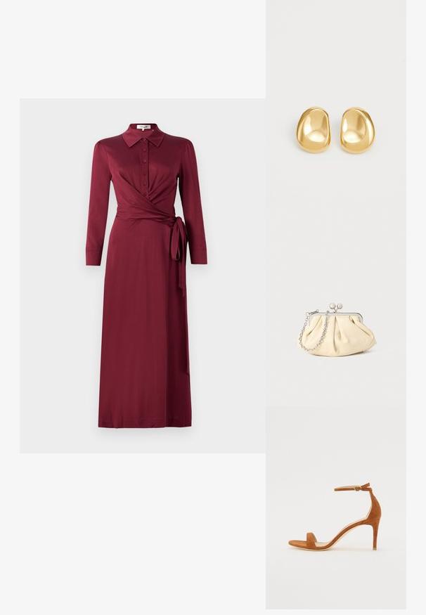 Vestido envolvente burdeos con cuello, mangas largas, cierre frontal de botones y detalle de lazo en la cintura. Tejido suave con una silueta favorecedora.; Sandal de tacón alto de ante marrón con una delgada correa en el tobillo y una hebilla dorada, puntera abierta y un diseño elegante y minimalista.; Clutch de cuero beige plisado con un marco de metal plateado, que cuenta con dos broches decorativos redondos y una correa de cadena plateada.; Pendientes de studs en color dorado con una forma suave y redondeada y una superficie reflectante, que exhiben un diseño minimalista y sin patrones visibles.