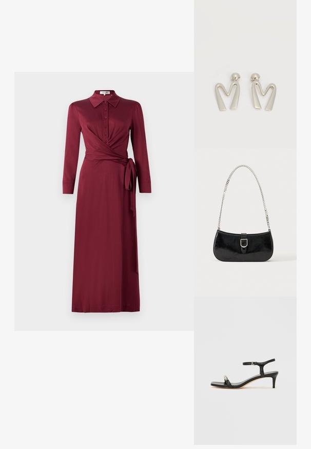 Χ burgundy φόρεμα τύπου wrap με γιακά, μακριά μανίκια, κουμπιά μπροστά και ζωνάκι στη μέση. Λειος ύφασμα με κολακευτική σιλουέτα.; Μαύρο δερμάτινο σανδάλι με τακούνι, λουράκι στον αστράγαλο, ανοιχτό δάχτυλο, τετράγωνη μύτη και ασημένια διακοσμητικά στοιχεία. Εφαρμοστό σχέδιο με κομψή γραμμή.; Μαύρη τσάντα ώμου από δερμάτινο γυαλιστερό υλικό με ασημένια αγκράφα και ασημένια αλυσίδα, εμφανιζόμενη σε απλό φωτεινό φόντο.; Ζευγάρι ασημί μεταλλικά σκουλαρίκια σε σχήμα γωνιώδους γράμματος Μ με στρογγυλεμένους ακροδέκτες σε λευκό φόντο.