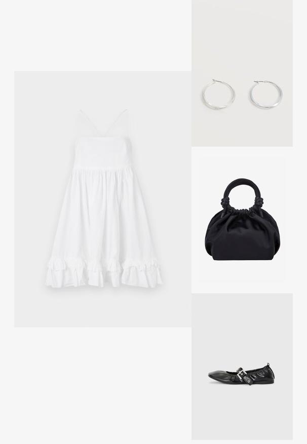 Robe blanche sans manches avec un corsage ajusté, une jupe évasée et un ourlet volanté. Fabriquée en tissu léger, elle présente des bretelles fines et un décolleté en V.; Chaussure plate en cuir noir avec un nez pointu, des détails froncés autour de l'ouverture et un accent en boucle argentée sur la bride ajustable.; Sac à main en tissu noir doux avec haut froncé et poignées circulaires rembourrées nouées de chaque côté.; Boucles d’oreilles créoles en métal argenté avec une surface lisse légèrement incurvée et des fermoirs à clapet sur un fond blanc uni.