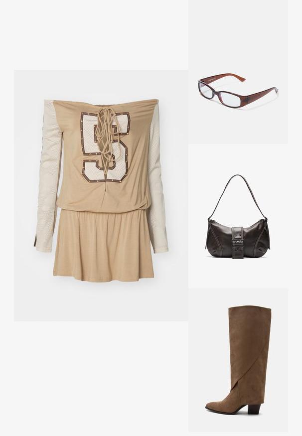 Beige off-shoulder jurk met een gekruiste rug, voorzien van een witte mesh lange mouw en een groot bedrukt nummer "5" versierd met studs.; Bruine suède kniehoge laars met een gevouwen detail en een blokhak van gemiddelde hoogte, zijaanzicht op een witte achtergrond.; Bruin getinte rechthoekige brillen met een glanzende afwerking, met slanke pootjes en doorzichtige glazen. Logo zichtbaar op de linkertempel.; Bruine leren schoudertas met een gebogen vorm, voorzien van een opvallende gespdetail, contrasterende stiksels en een enkele schouderband.