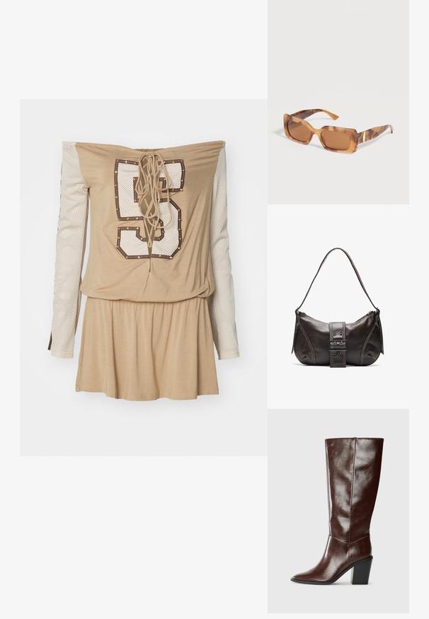 Beige off-shoulder jurk met een gekruiste rug, voorzien van een witte mesh lange mouw en een groot bedrukt nummer "5" versierd met studs.; Hoge donkerbruine leren laars met een spitse neus en een gestapelde blokhak, vanuit de zijkant weergegeven op een effen achtergrond.; Rechthoekige schildpad zonnebril met dikke monturen en bruin getinte glazen, geplaatst op een witte ondergrond.; Bruine leren schoudertas met een gebogen vorm, voorzien van een opvallende gespdetail, contrasterende stiksels en een enkele schouderband.
