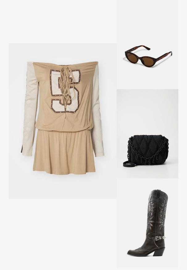 Beige off-shoulder jurk met een gekruiste rug, voorzien van een witte mesh lange mouw en een groot bedrukt nummer "5" versierd met studs.; Zwarte leren cowboylaars met decoratieve uitsnijdingen, zilveren gesp en schuine hak, weergegeven op een witte achtergrond.; Bruine schildpad zonnebril met een vintage cat-eye vorm en bruine lenzen. Heeft gebogen armen met rode accenten.; Zwarte gewatteerde crossbody tas met een diamantstiksels patroon, voorzien van een chunky kettingriem met letterscharms die "DIESEL" spellen.