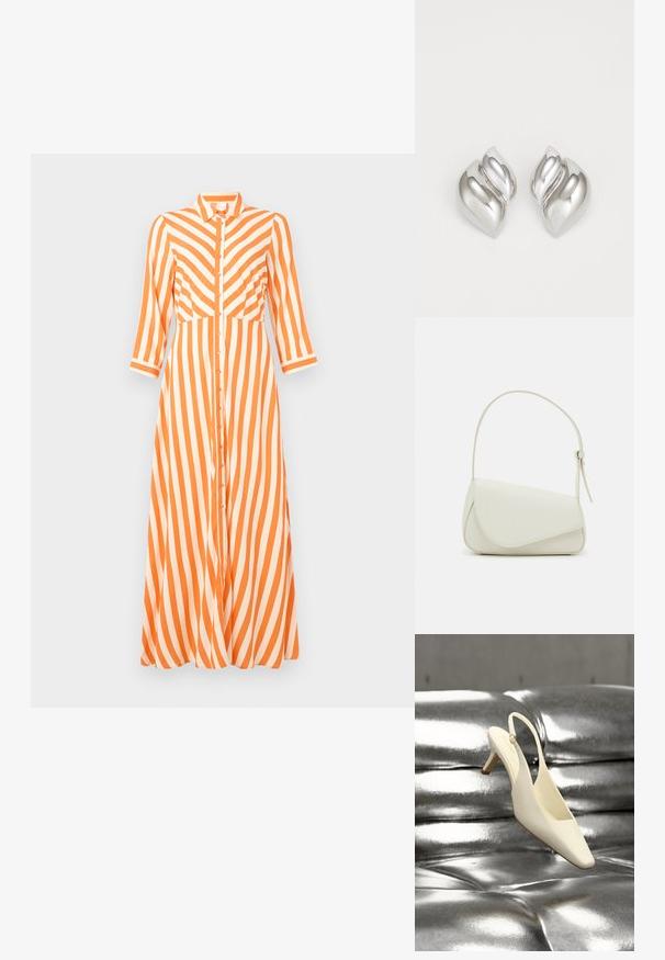 Knappet kjole med lodrette orange og hvide striber, lange ærmer, krave og en flot pasform med en lige kant.; Kremfarvet slingback kitten heel sko med firkantet tå hviler på en skinnende sølv tuftet læderoverflade.; Hvid taske i faux læder med en struktureret trekantet form, enkelt justerbart skulderstrop og en flaplås med kurver.; Sølvøreringe med en organisk, abstrakt form. Glat, skinnende overflade med et tilspidset design. Har subtile kurver og en centrallinje detalje.