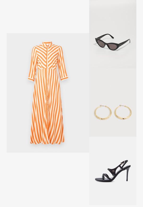 Knoopjesjurk met verticale oranje en witte strepen, lange mouwen, een kraaghalslijn en een vloeiende pasvorm met een rechte zoom.; Zwarte sandaal met hoge hakken, dunne bandjes, een enkelgesp en een slanke naaldhak op een witte achtergrond.; Kattenooth-schoenen met een matte zwarte brilrand en donkere lenzen, voorzien van "vogue" branding aan de zijkant en een onderscheidende hoekige vorm.; Een paar gepolijste gouden oorringen met dunne pennen en scharnierende sluitingen, tentoongesteld op een effen lichtgrijze achtergrond.